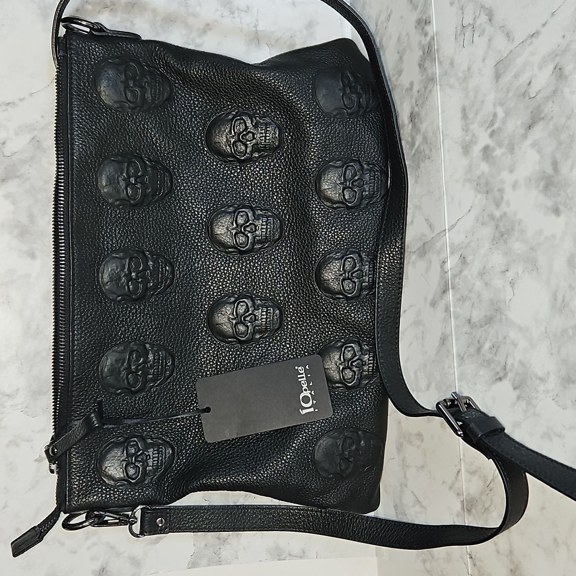 Bnwt Io Pelle Black Skull Embossed Leather Crossbody Bag